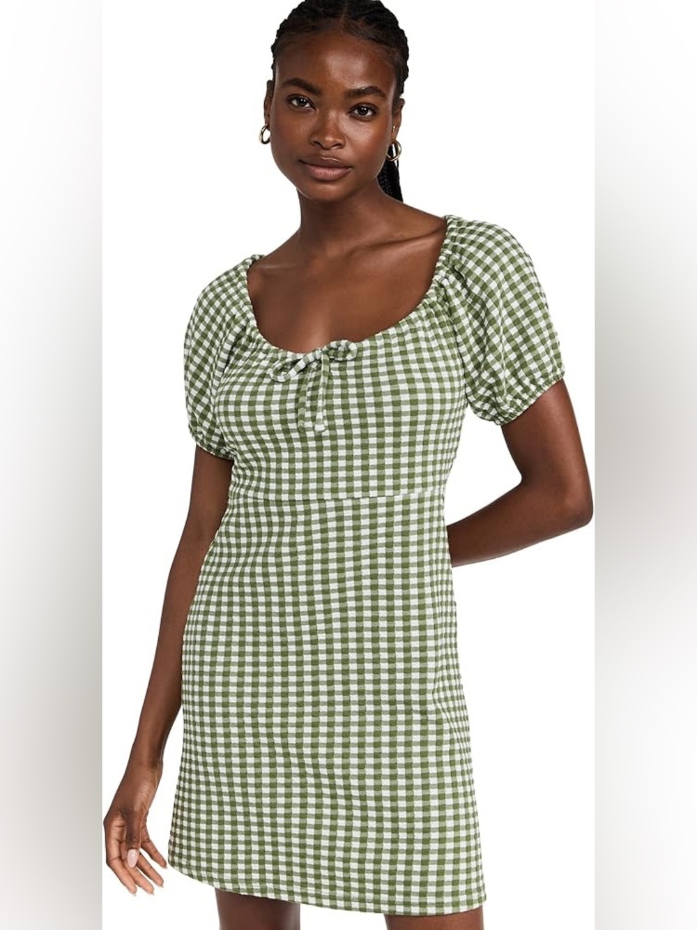 Madewell Green and White Gingham Puff-Sleeve Mini Dress - Size Small